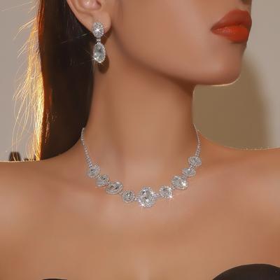 Exquisite Luxury Rhinestone Necklace Earrings Set, Fashionable Zircon Necklace Earrings Two-piece Set