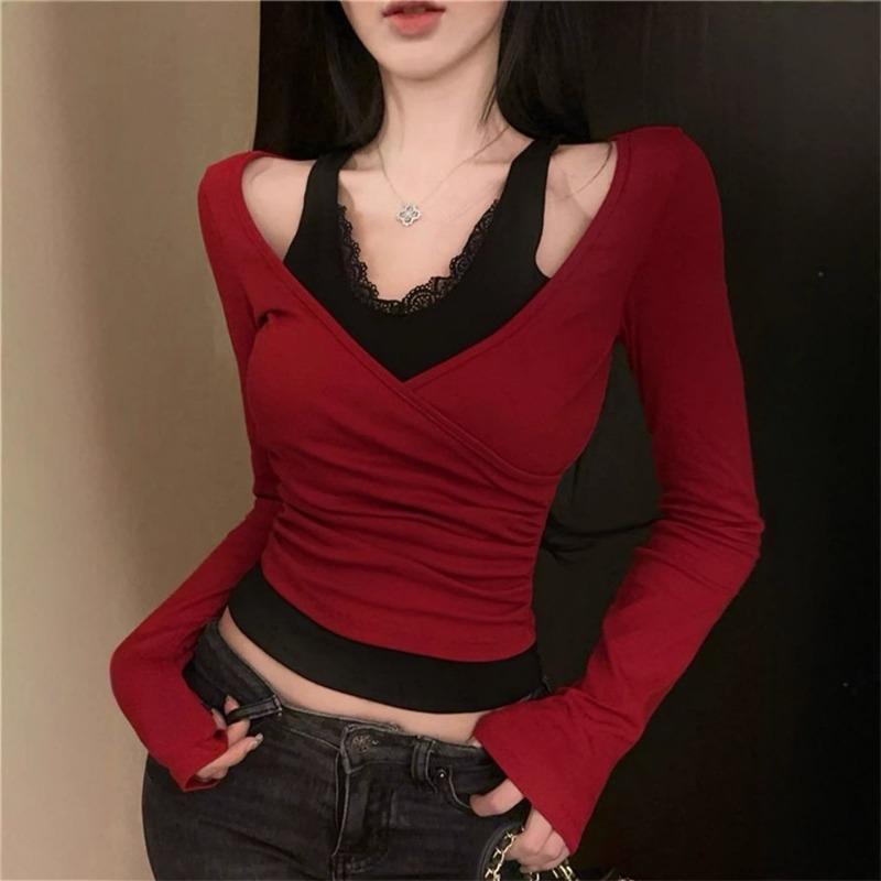 

Весна Осень Сексуальная Мода Кружевная Вставка Ложная Двойка Пуловер Футболка Женская Длинный Рукав На Все Случаи Жизни Футболка Топ S красный