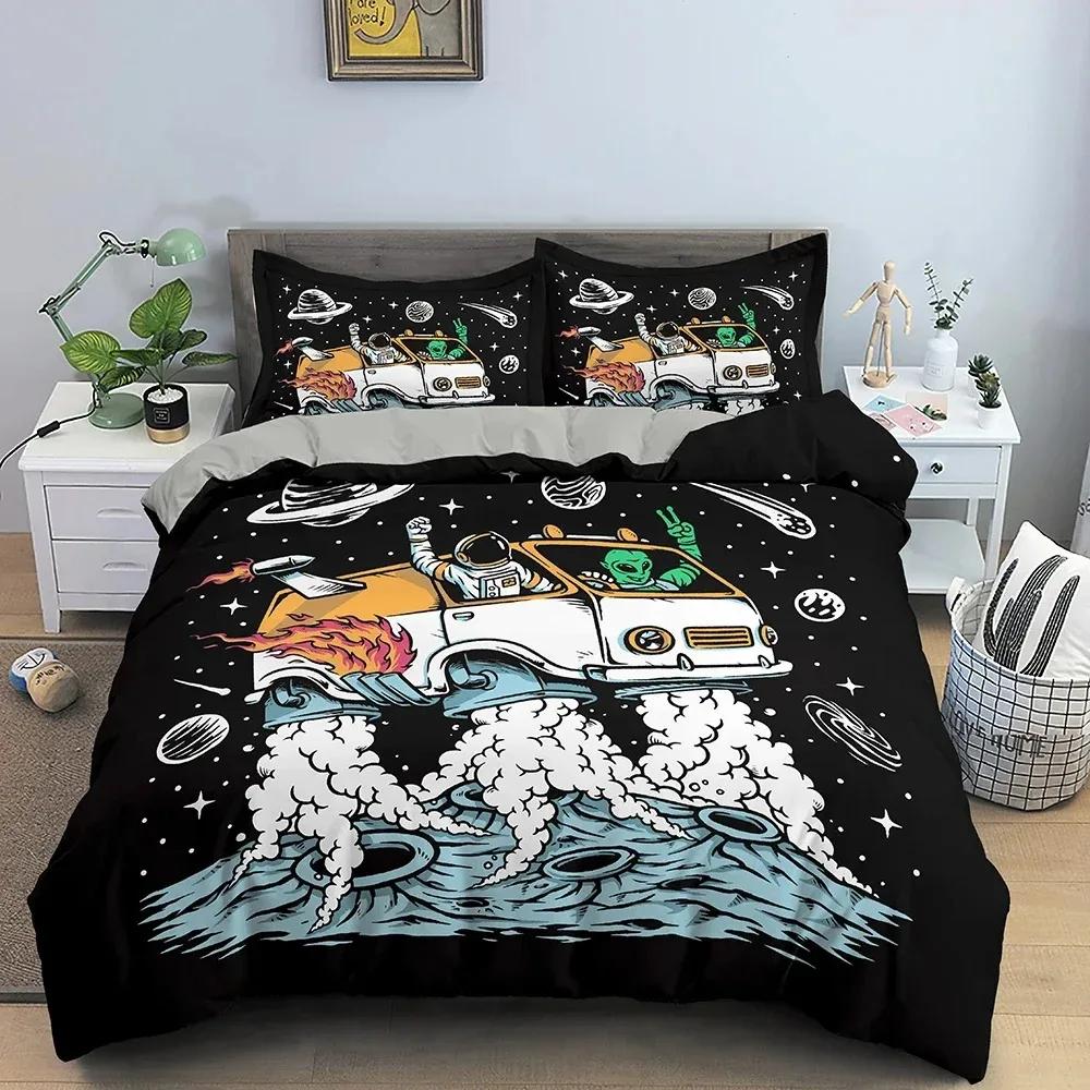 

Mysterious UFO Alien Bedding Set Luxury Bedclothes Cartoon Print Polyester Duvet Cover With Pillowcase For Bedroom Decor 135x200cm