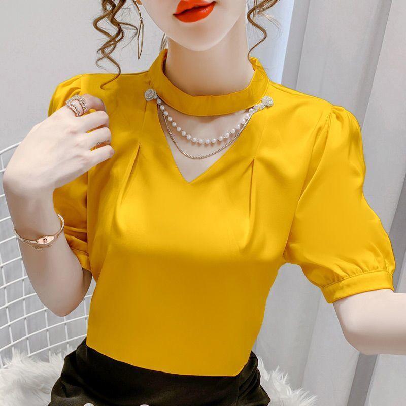 Women Summer Style Blouses Shirts Lady Fashion Casual Puff Short Sleeve O-Neck Solid Pearl Blouses Tops