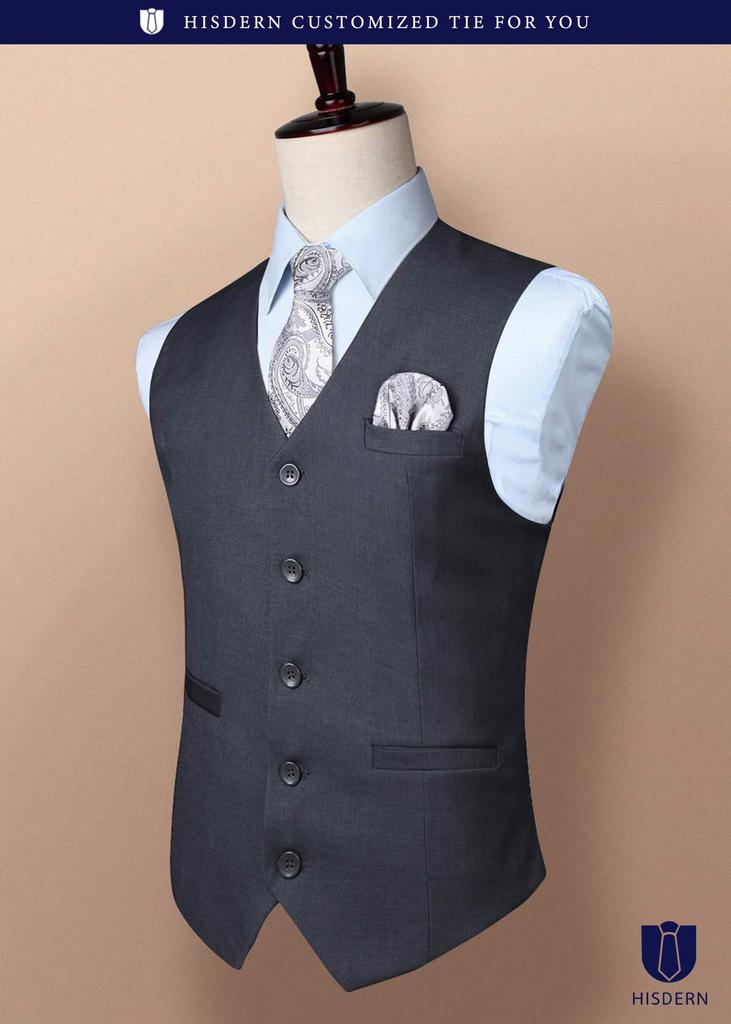 HISDERN Suit Vest with Pockets and Shiny Slim for Formal and Business Men's Buckle, Fit, Wear, Weddings, (Gray/M) V-01