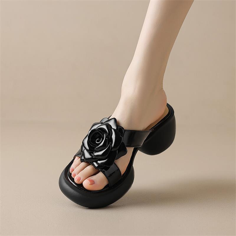 Fashion outerwear thick-soled Roman slippers soft leather one-character flower sandals thick heel muffin bottom gold open-toed sandals