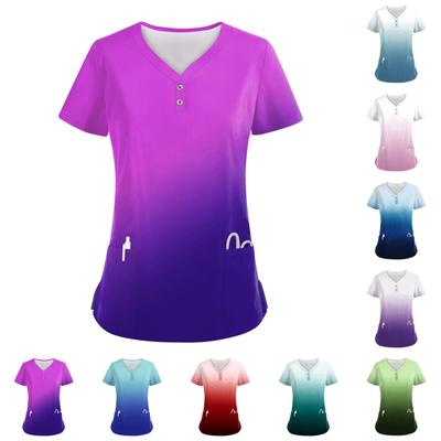 Damen-Oberteil mit Knopfleiste, V-Ausschnitt, modisch, lässig, mit Farbverlauf-Druck, Top für Krankenschwestern, Kasack für Damen, 2 Taschen