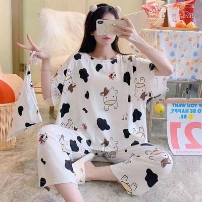Conjunto de 2 piezas Pijama de manga larga Mujer Seda Ropa de dormir Versión Otoño e Invierno Talla Grande Señoras Oso de Dibujos Animados Ropa para el Hogar
