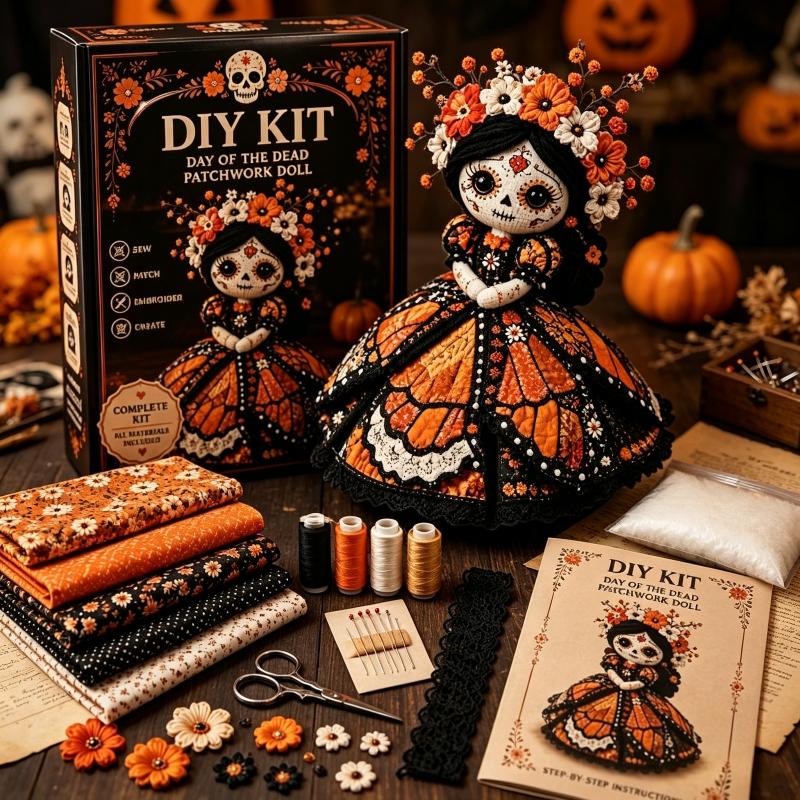 Day Of The Dead Handmade Skull Doll DIY Kit Patchwork Sewing Craft Set for Adult Hobbyist Halloween Party Decor Creative Gift