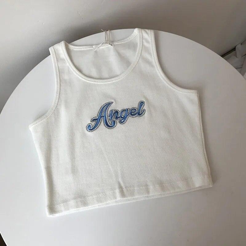 

Майки для женщин, топы на бретелях с буквенным принтом, модный сексуальный топ без рукавов с круглым вырезом, повседневный летний женский тонкий жилет One Size