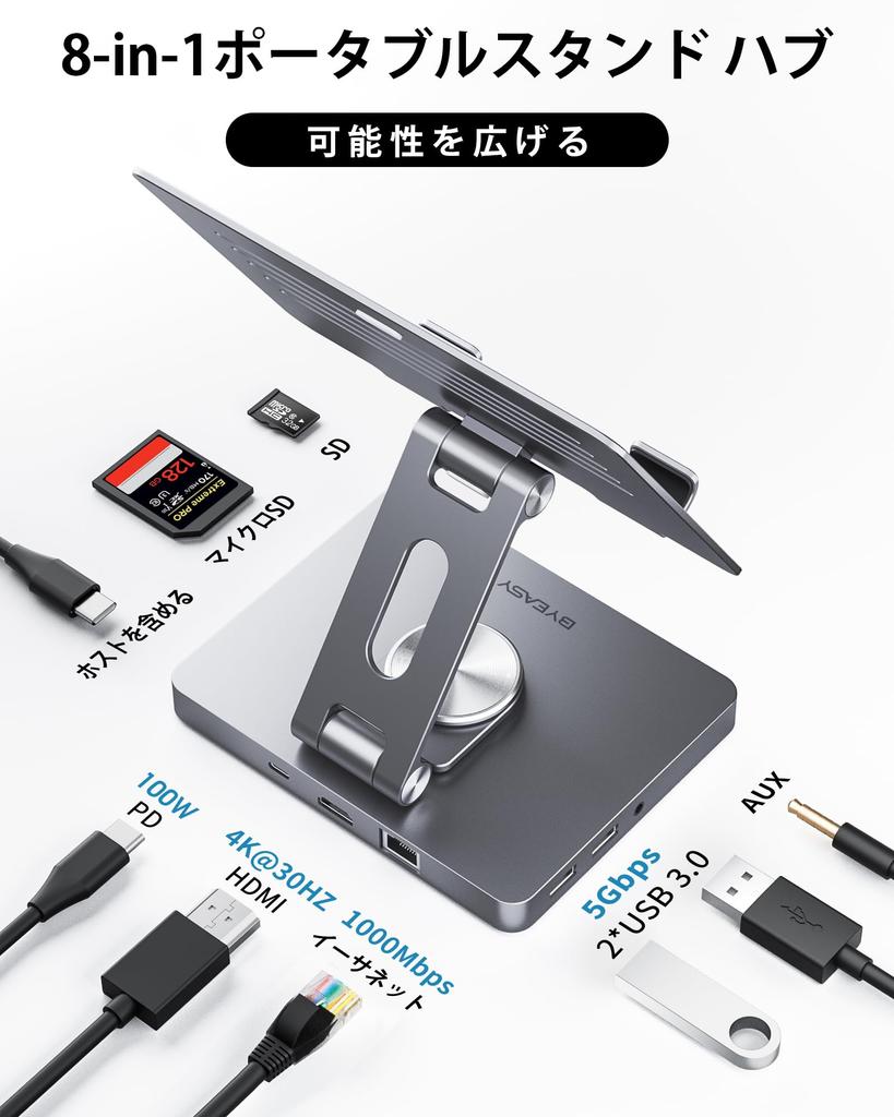 BYEASY iPad Stand Docking Station 8 In 1 iPad USB C Hub Tablet Stand with HDMI Jack LAN 100W PD Charging USB Card Reader for iPad Pro Type-C 3.5mm 3.0