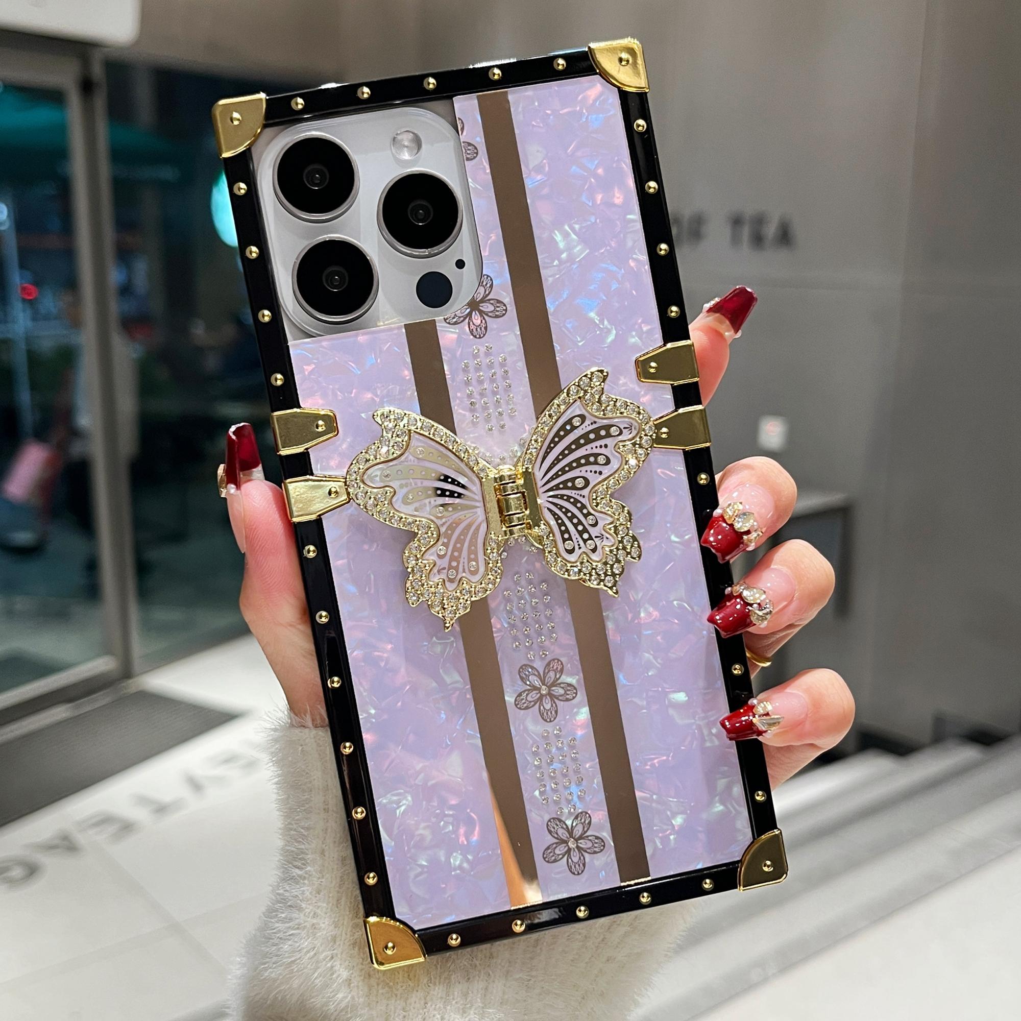 

For iPhone 16 Pro Case TPU+PC Electroplated Butterfly Kickstand Phone Cover White