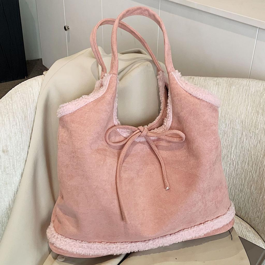 Niche lamb wool splicing tote bag women's 2025 new bow retro lazy large-capacity underarm shoulder bag