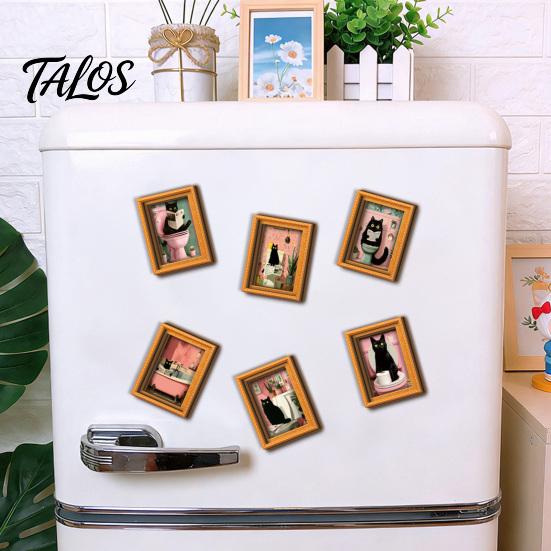 Small Picture Frames for Fridge Funny Wooden Magnets Frame, Retro Cute Cat Pattern Magnetic Refrigerator Style Interior Decoration Locker Magnet Photo