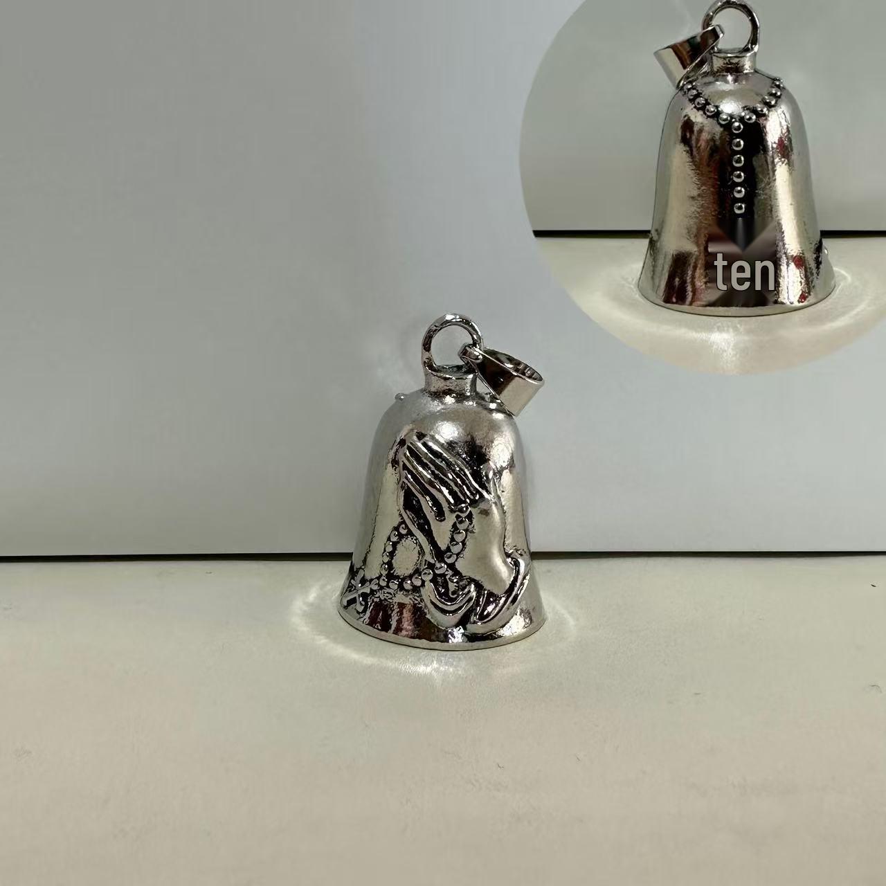 Retro Praying Hands Stainless Steel Necklace and Cross Pendant with Bell Keychain