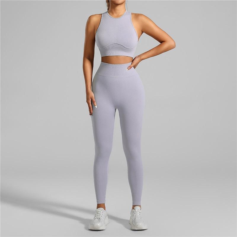 European And American Style Women's Tight-fitting Seamless Yoga Clothes 2 Piece High-intensity Running Fitness Sports Threaded Vest Trousers Suit