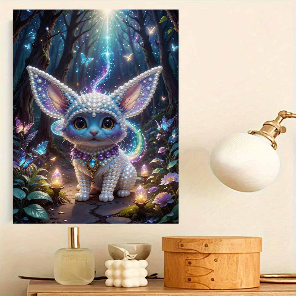 5D White Cat Pearl Wall Art Kit 30x40cm Frameless DIY Pearl Diamond Painting Floral Gem Art for Living Room/Bedroom Home Wall Decor