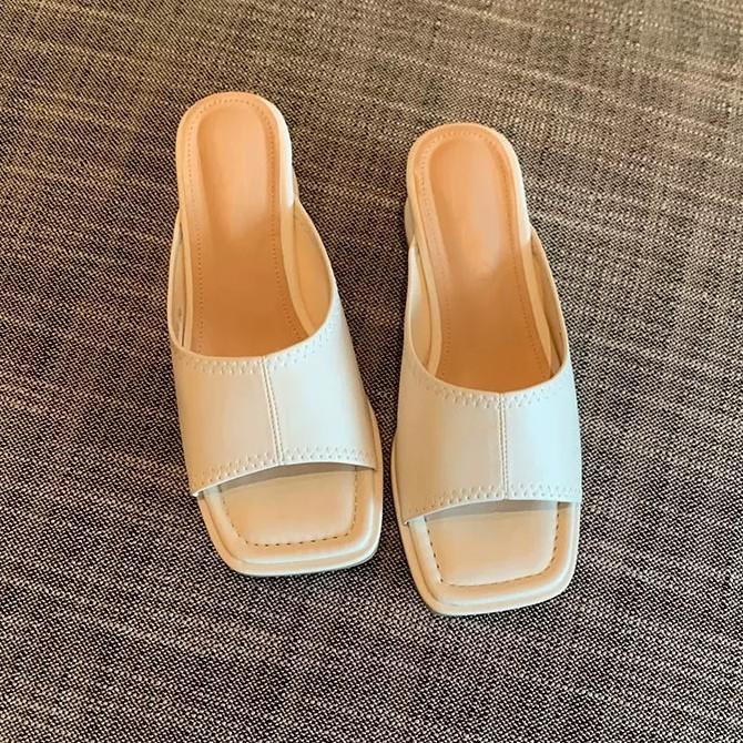 Cowhide Version~ Korean Square Head Slope Heel Open-toed One-word Cool Slippers for Women To Wear 2025 Summer Fashion High-heeled Sandals