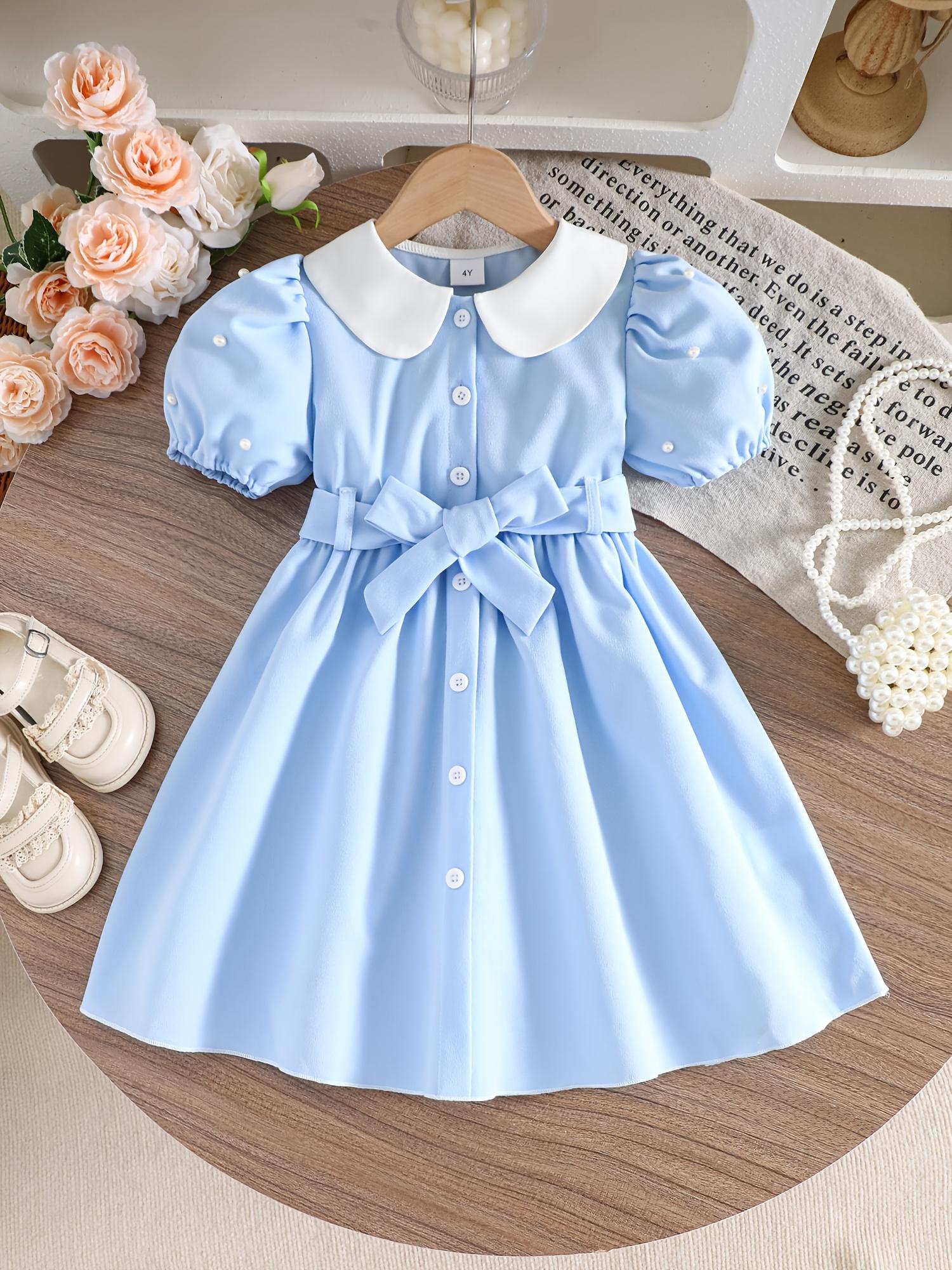 Kids Girls Dress Summer Bow Waist Floral Print Puff Sleeve Party Dress 4Y