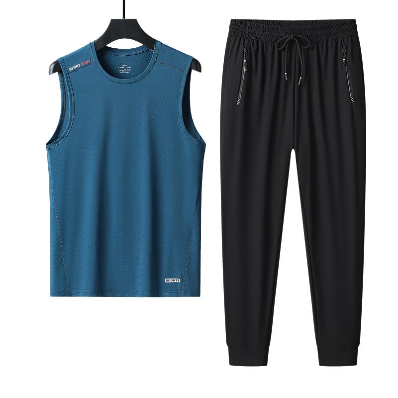 Large Size Ice Silk Vest Suit Men's Light And Breathable Sports Suit Men's Casual Ice-sense T-shirt Ice Silk Pants Men's Two-piece Set