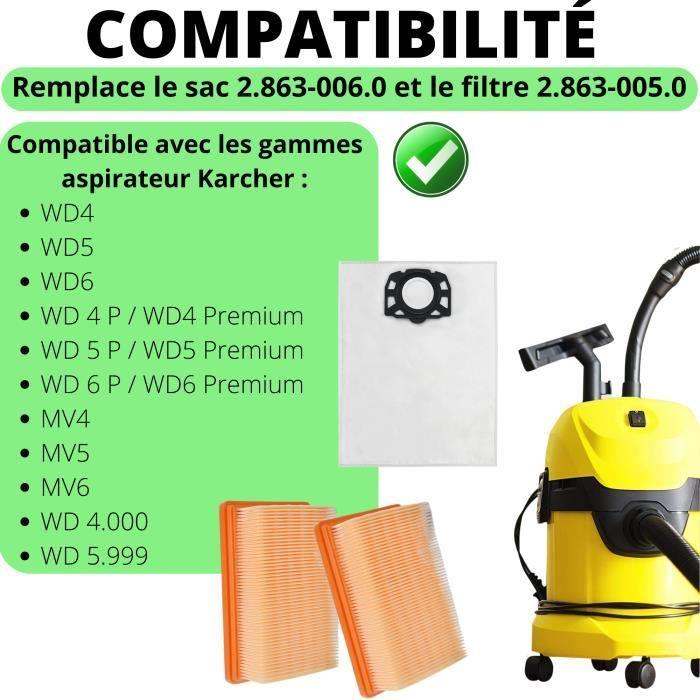 Sac aspirateur et Filtre pour Karcher WD4 WD5 WD6 MV4 MV5 MV6 - PHONILLICO - Lot de 8 sacs et 2 filtres
