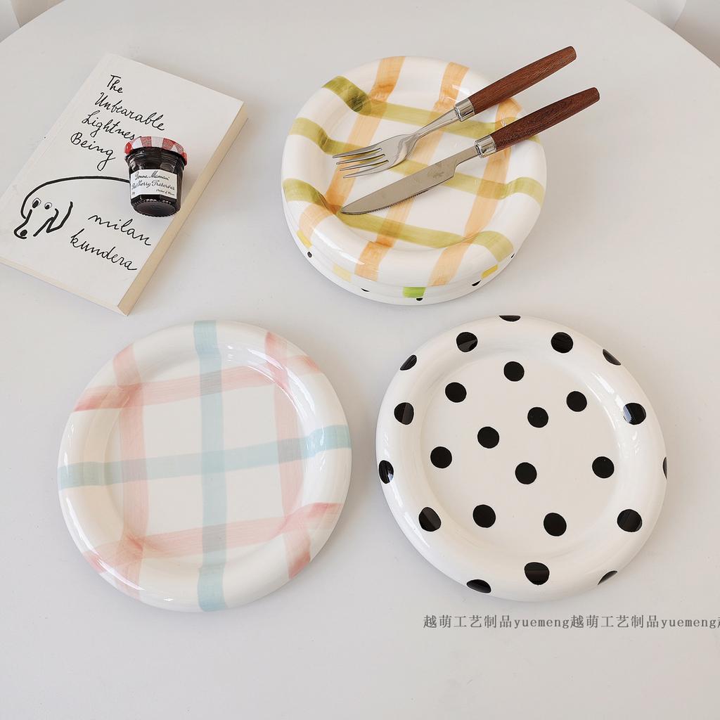 INS Wind High Beauty Stripe Wave Dot Under Glaze Ceramic Plate Dudu Dessert Plate Korean Breakfast Set VLOG Plate Dinner Set