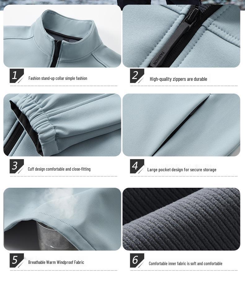 Fleece-Lined Softshell Stand-Up Collar Windbreaker with Logo Embroidery for Autumn/Winter Workwear
