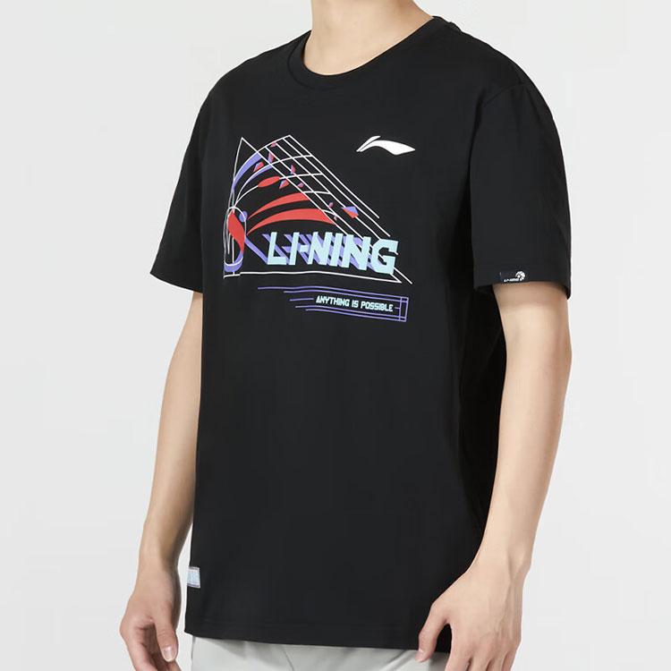 Li Ning Badminton Series Logo Print Letter Round Neck Pullover Short Sleeve T-Shirt Unisex Tops Black AHST699-2