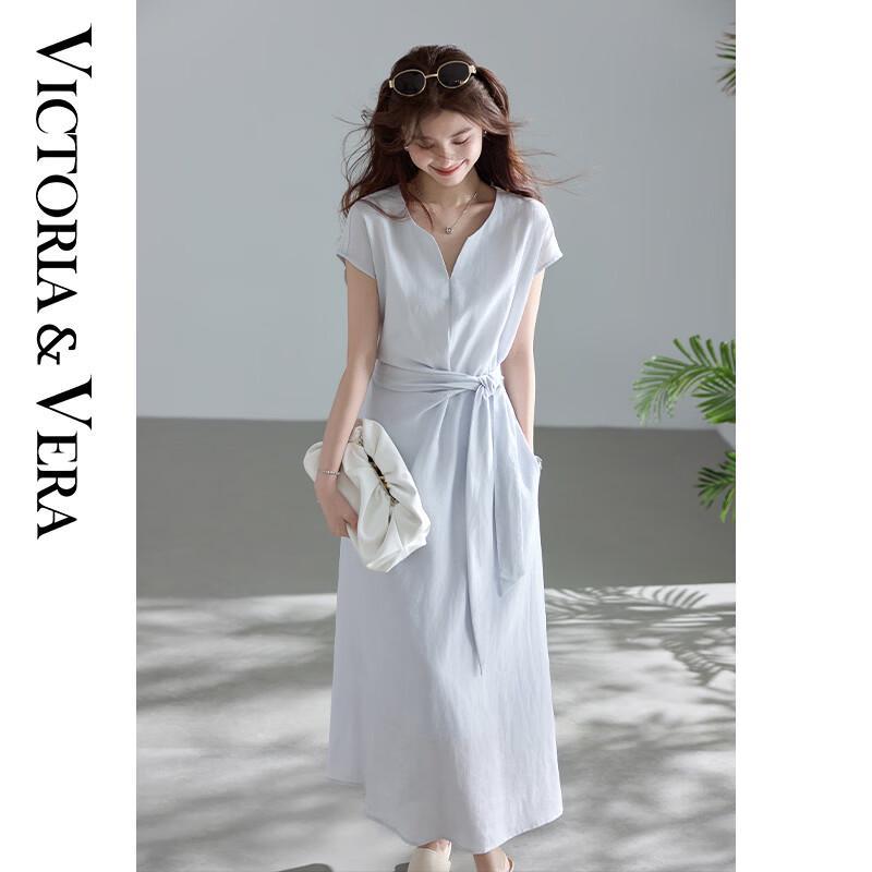 VICTORIA&VERA Women s V-Neck Lyocell Linen Short-Sleeve Belted Maxi Dress L