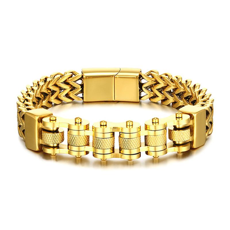Punk Stainless Steel Motorcycle Chain Bracelets Men Never Fade Gold Color Wide Wristband Rider Bangles Jewelry Luxury Male Gifts