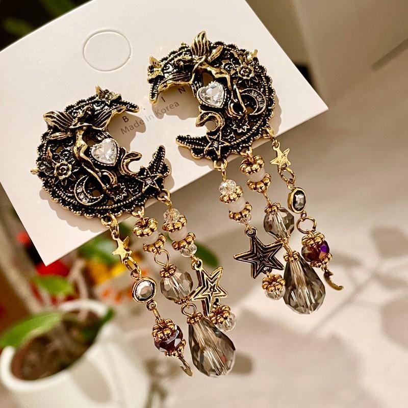 Medieval High-quality Heavy Industry Exquisite Gold Moon Angel Crystal Fringed Earrings Enamel Antique Style Earrings Earrings