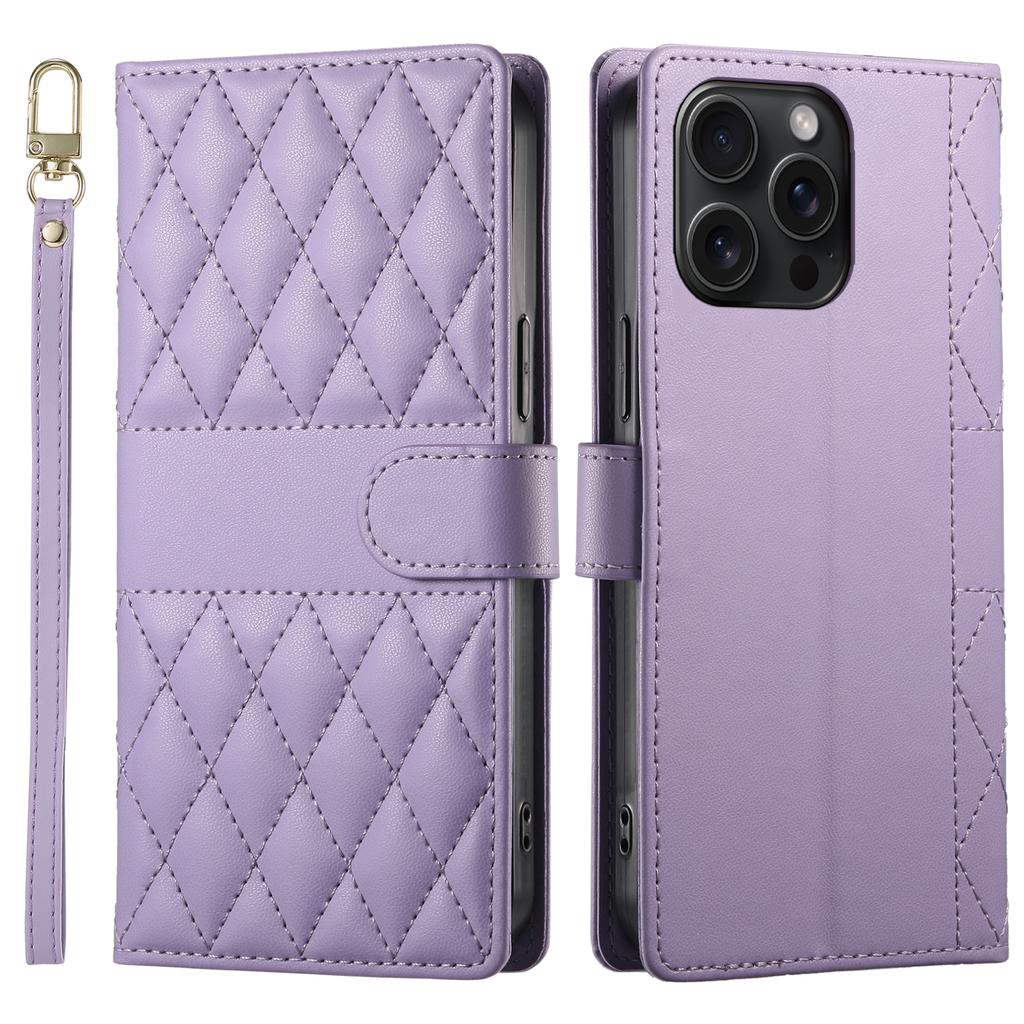 For iPhone 15 Pro Max Case Rhombus Stitching Wallet Stand Leather Phone Cover with Long/Short Strap