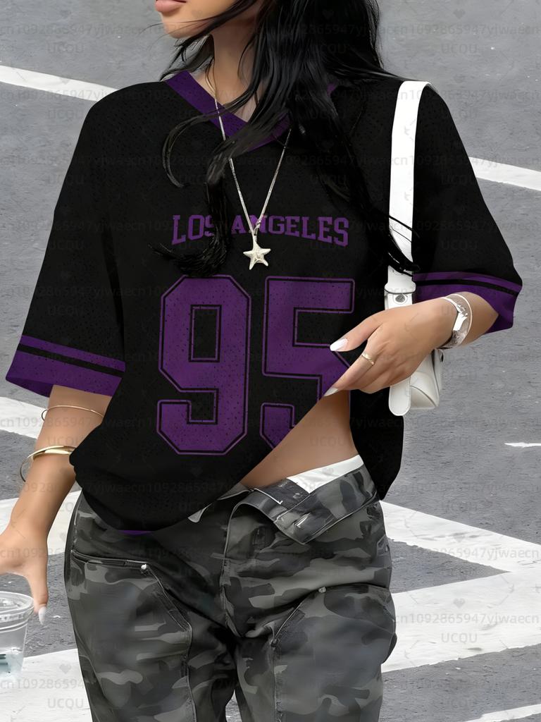 Women's Los Angeles NO.95 Print V-Neck Short Sleeve T-Shirt Summer Graphic Tee Hole Mesh Jerseys Plus Size Sport T-Shirt