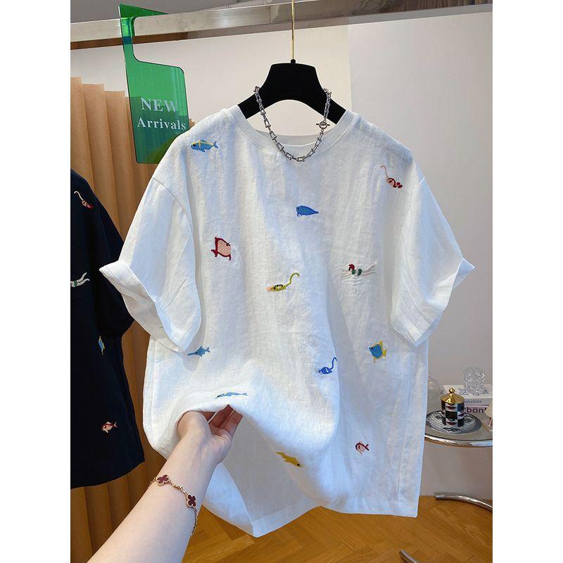 

ZDM Plus size 150.00kg High end Natural Linen Short sleeve T-shirt Women Summer Loose Pullover Casual round Neck Top Ins White L