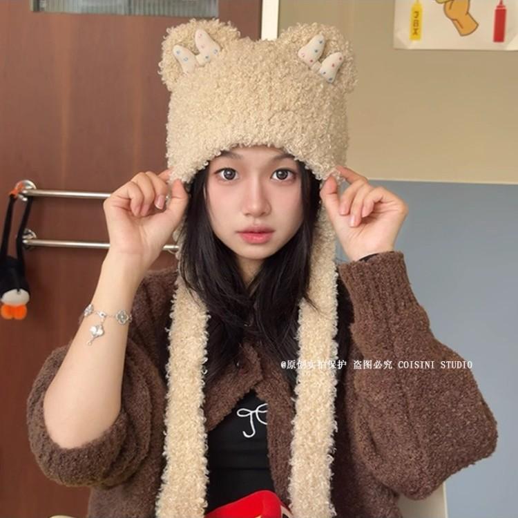 Korean cute bow plush circle bear hat women's thickened warm knitted headgear ear cap