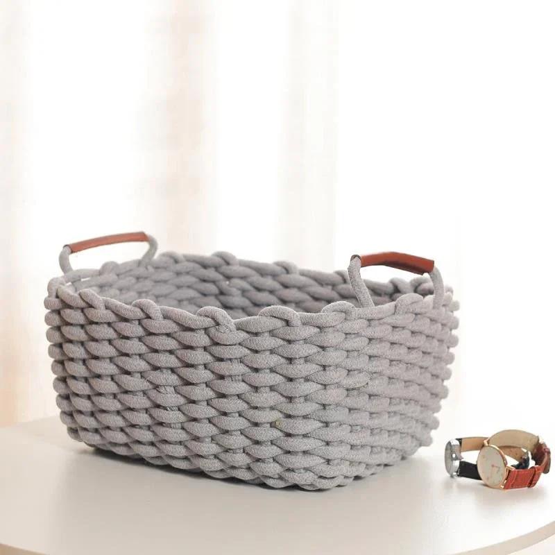 Cotton Rope Woven Storage Basket with Handle Sundries Cosmetic Storage Box Toys Snack Desktop Makeup Organizer Cotton Baskets