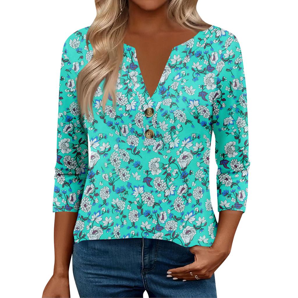 3/4 Sleeve Womens Tops For Women Henely Tops Button V Neck  Loose Fit Dressy Womens Summer Tops