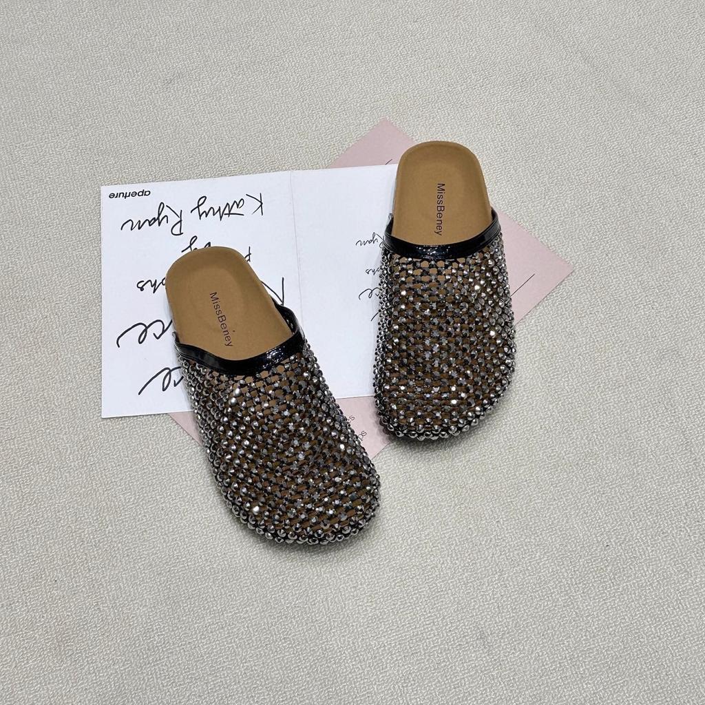 Platform Women's Shoes Niche Leather Vacation Wind Water Diamond Half Drag Women 2025 European Station Casual Mesh Woven Bag Head Drag