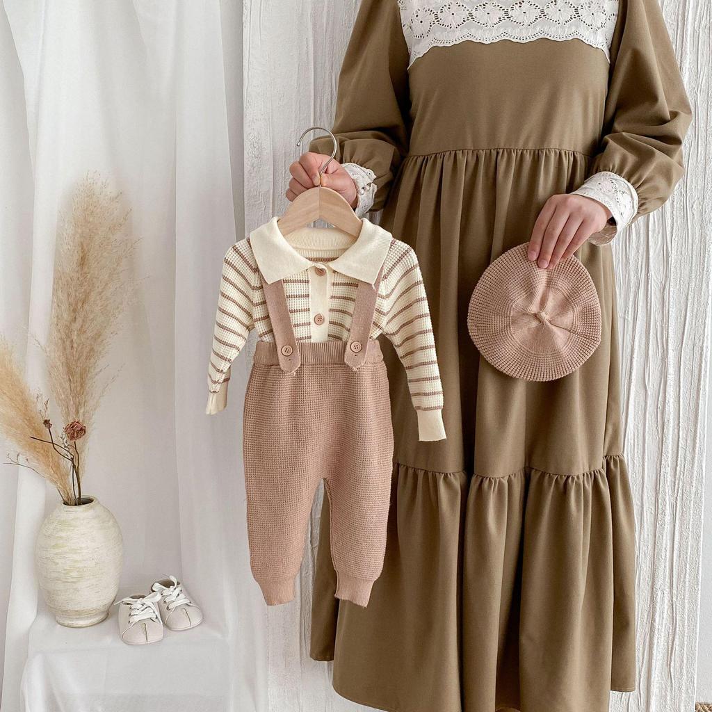 New Fall/Winter Infant Waffle Knit Cardigan & Striped Long Sleeve Overalls Set