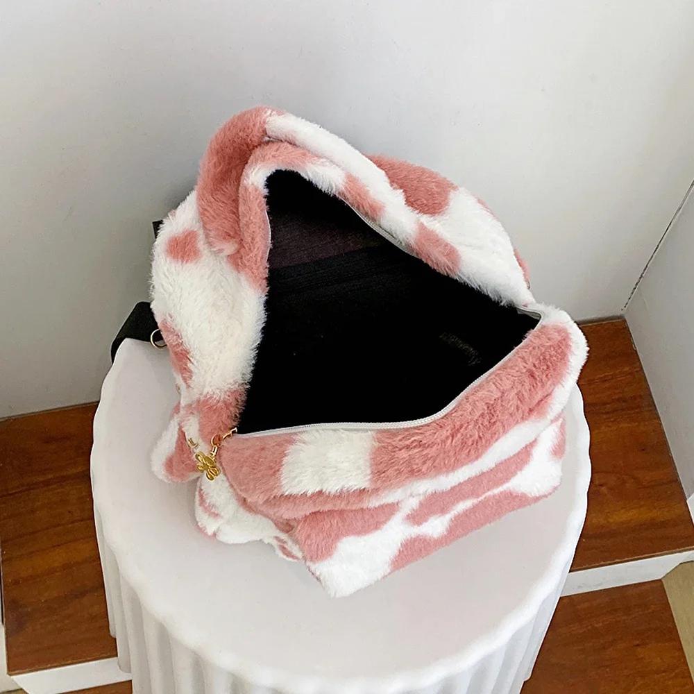 1pc Cow Pattern Plush Backpacks Multifunctional Portable Shoulder Bag Women Adjustable Strap Shopping Bags for Birthday Gifts