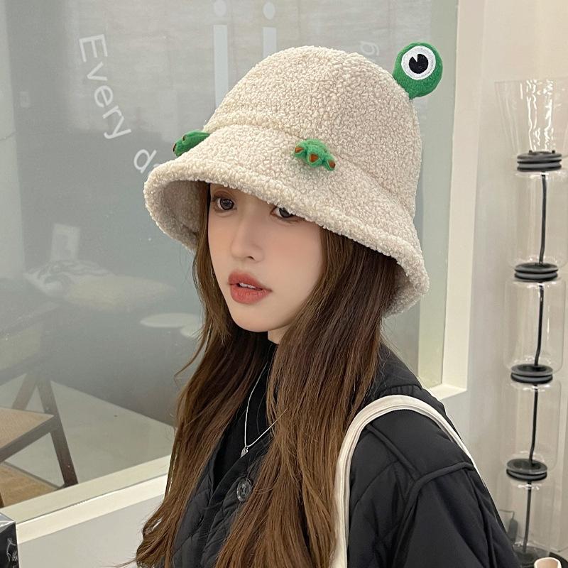 Fisherman Hat for Women In Autumn and Winter Outdoor Versatile Travel Warm Cartoon Hat Big Head Circumference Japanese Cute Frog Basin Hat