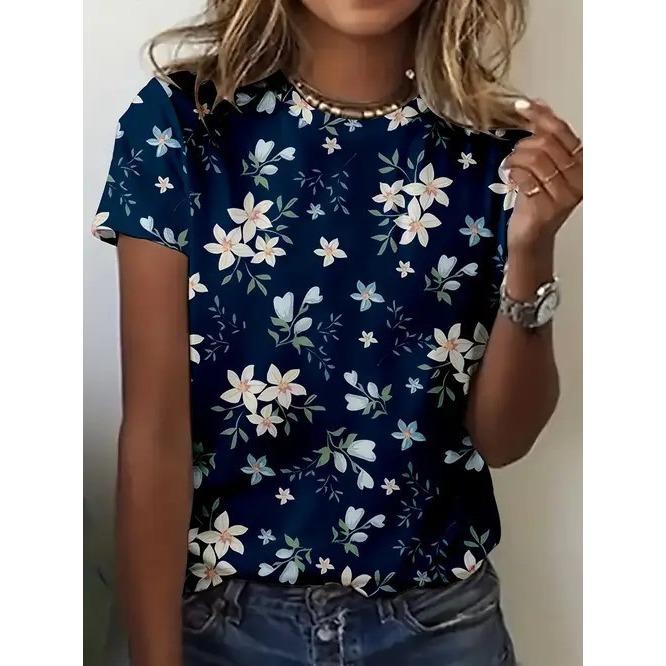 Summer Round Neck 3D Flower Butterfly Pattern Print Top Fashionable Casual Retro Short Sleeved Women's T-shirts