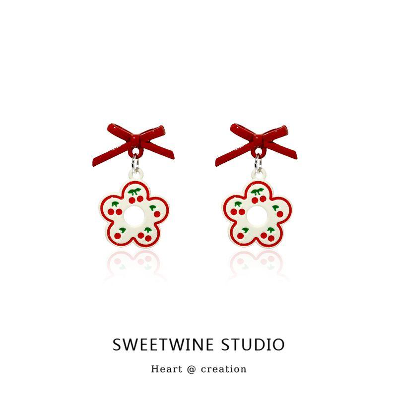 

Bubble Machine Original Bows Cherry Flower Earrings for Women Sweet Student Cute Style Ear Studs Soft Triangle Ear Clip Red Cherry Bows Sterling Silver Stud Earrings
