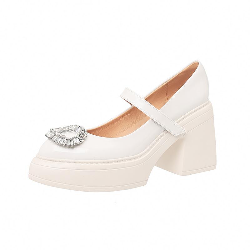 

10CM French light luxury rhinestone buckle single shoes 2025 spring new round head thick sole thick heel one-word buckle belt small leather shoes 34