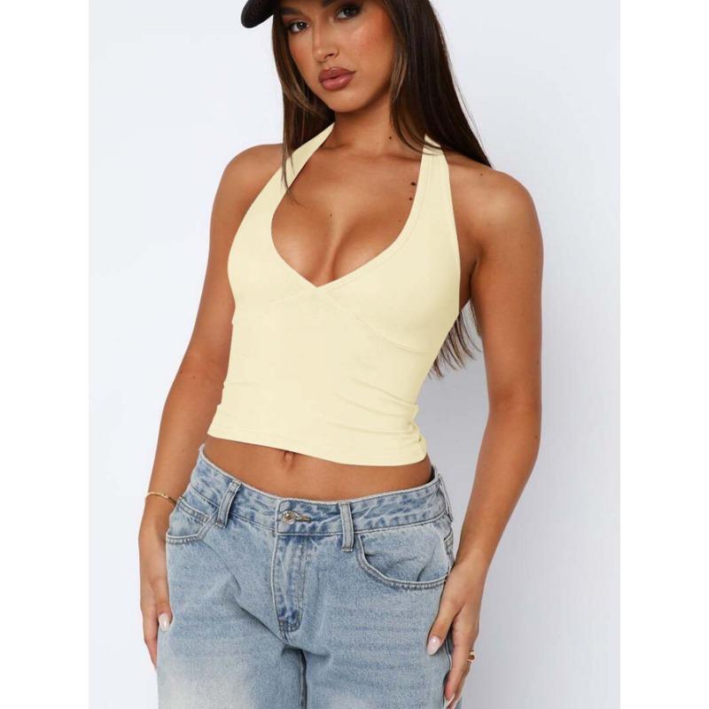 Women Sexy Halter V Neck Slim Fit Backless Cami Tank Top