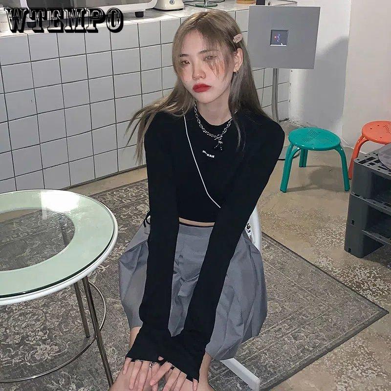 Langarm T-Shirts Frauen Cropped Ins Prevalent Bandage Tops Harajuku Ulzzang Street Spring Girl Causal Slim Shirts