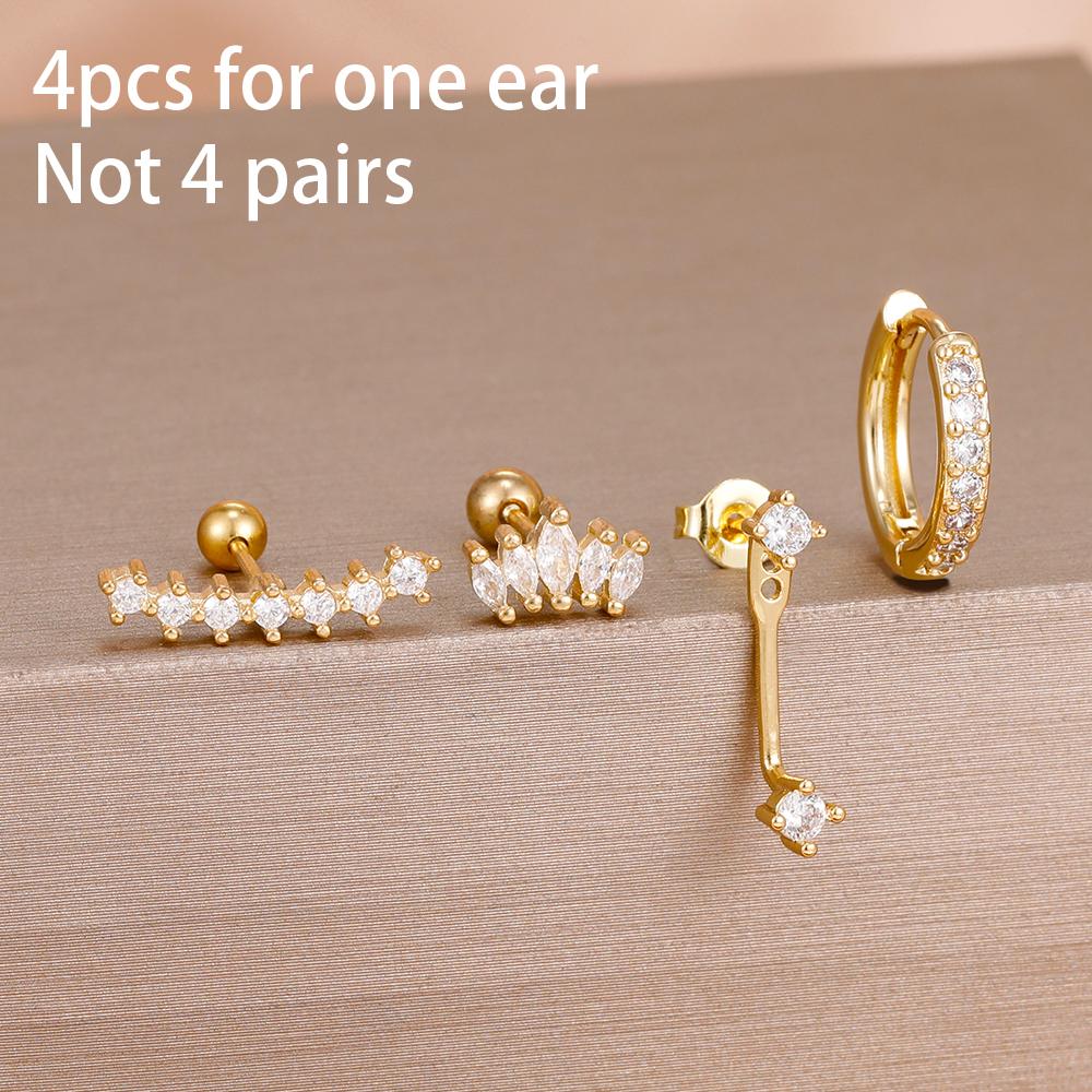 4-teiliges Set Huggie Hoop Ohrringe aus Edelstahl für Damen, Goldfarbe, Einzigartige Zirkonia Blume Ohrstecker Piercing Schmuck