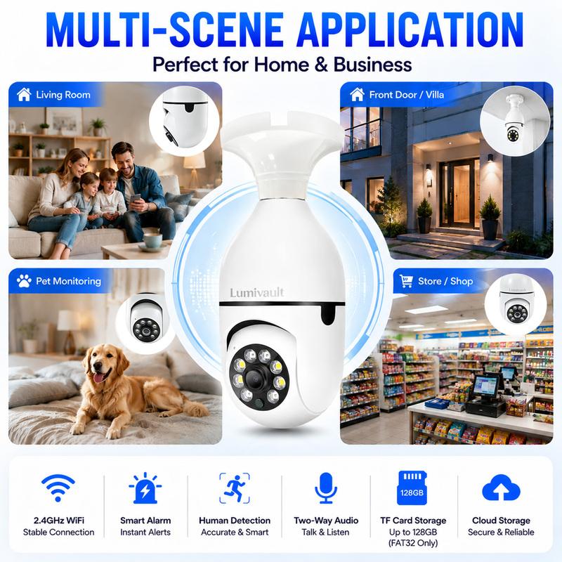 Wireless Bulb Camera with 2.4GHz WiFi Support 360° Panoramic HD Indoor Monitoring System Night Vision Dual Audio Mobil