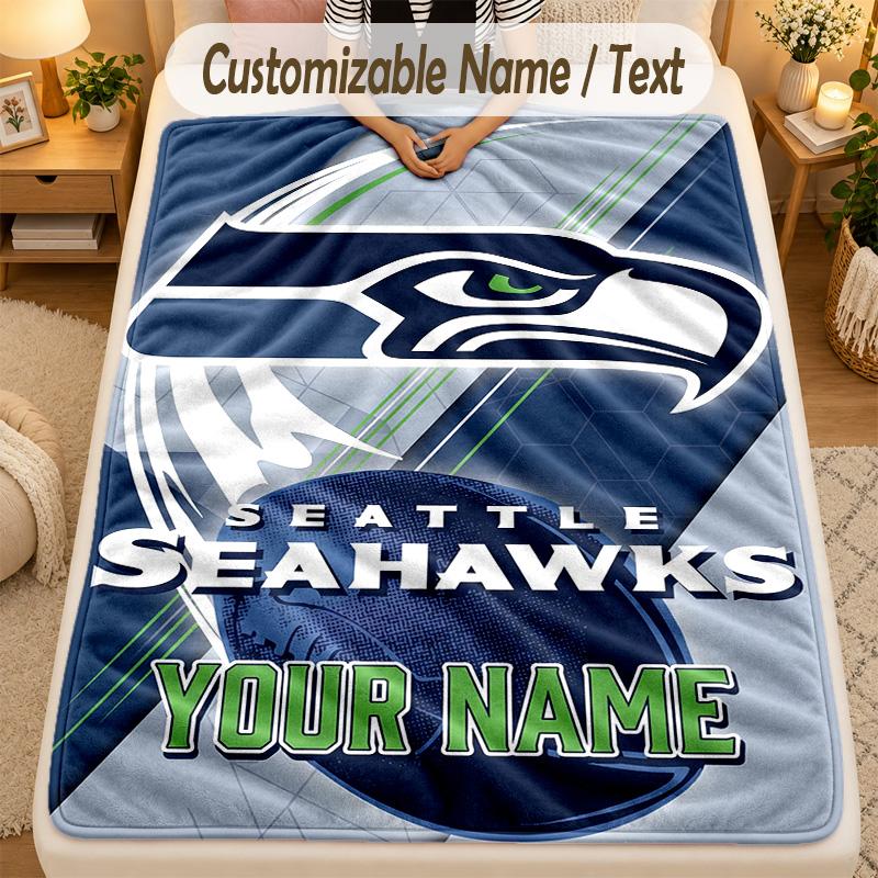 Flannel BlanketSeattle Seahawks Custom Name Text Personalized Soft Warm Throw Blanket Home Decor Gift