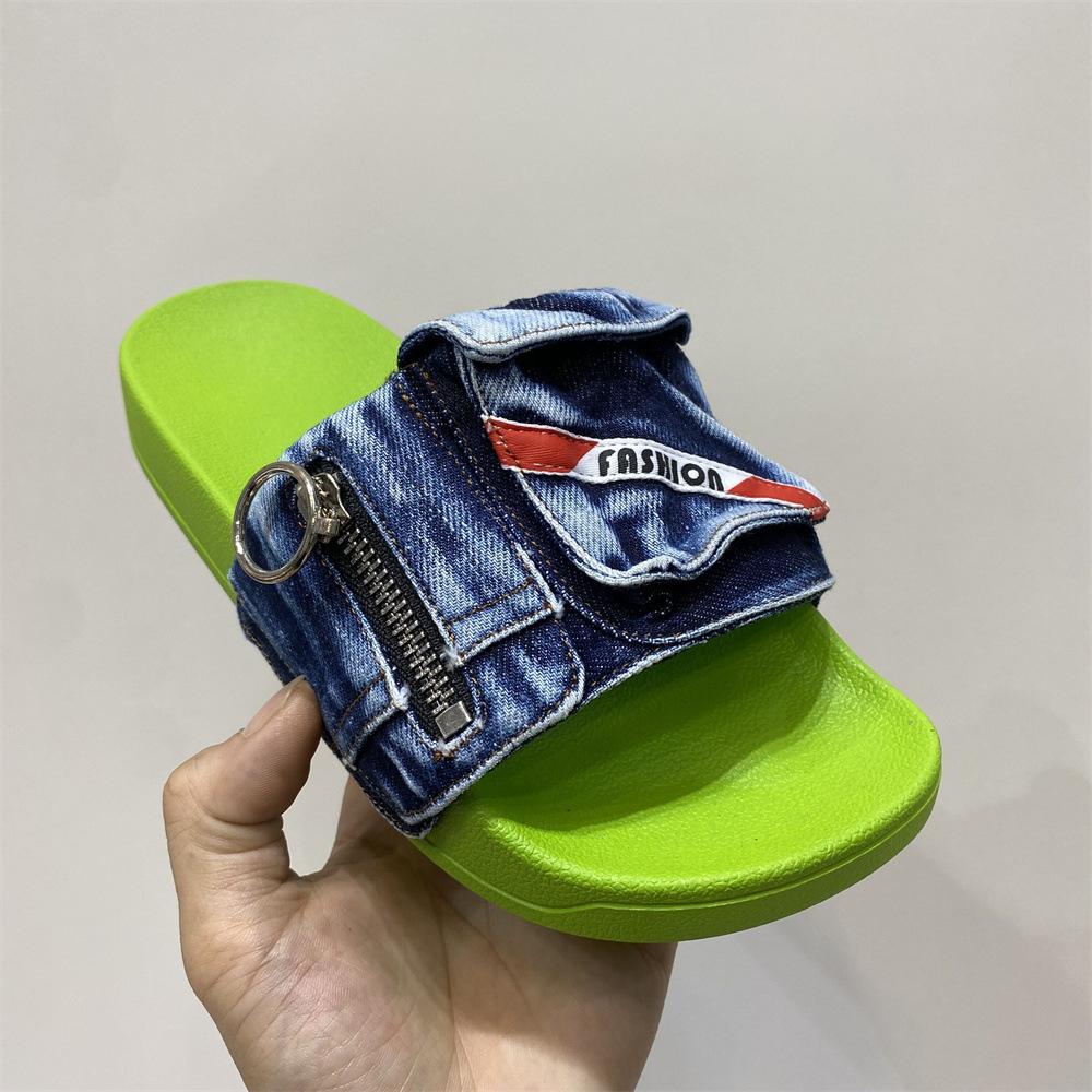 Fashion 2025 Summer New Pocket Denim Flat Slippers Comfortable Casual Size 47 48 Thick Soled Men's Women's Multi-color Outdoor Sandals