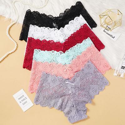 Damen Sexy Spitzenhöschen mit V-Taille, niedliche Schleife, durchscheinende Bikini-Unterwäsche, bestickte Dessous