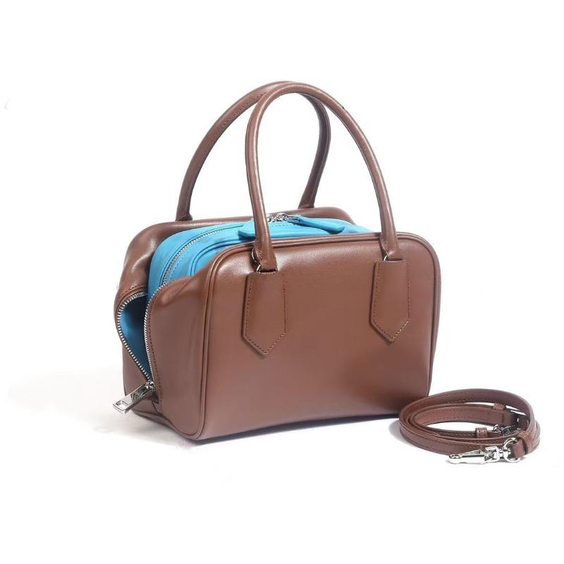 Cowhide bag women's bowling bag new fashion shoulder bag messenger bag light luxury contrasting color portable women's bag