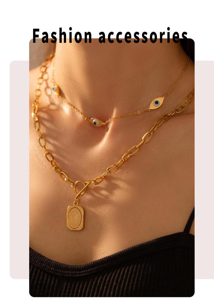 18K Gold-Plated Titanium Steel Eye of the Devil Portrait Square Pendant Double Layer Necklace for Women