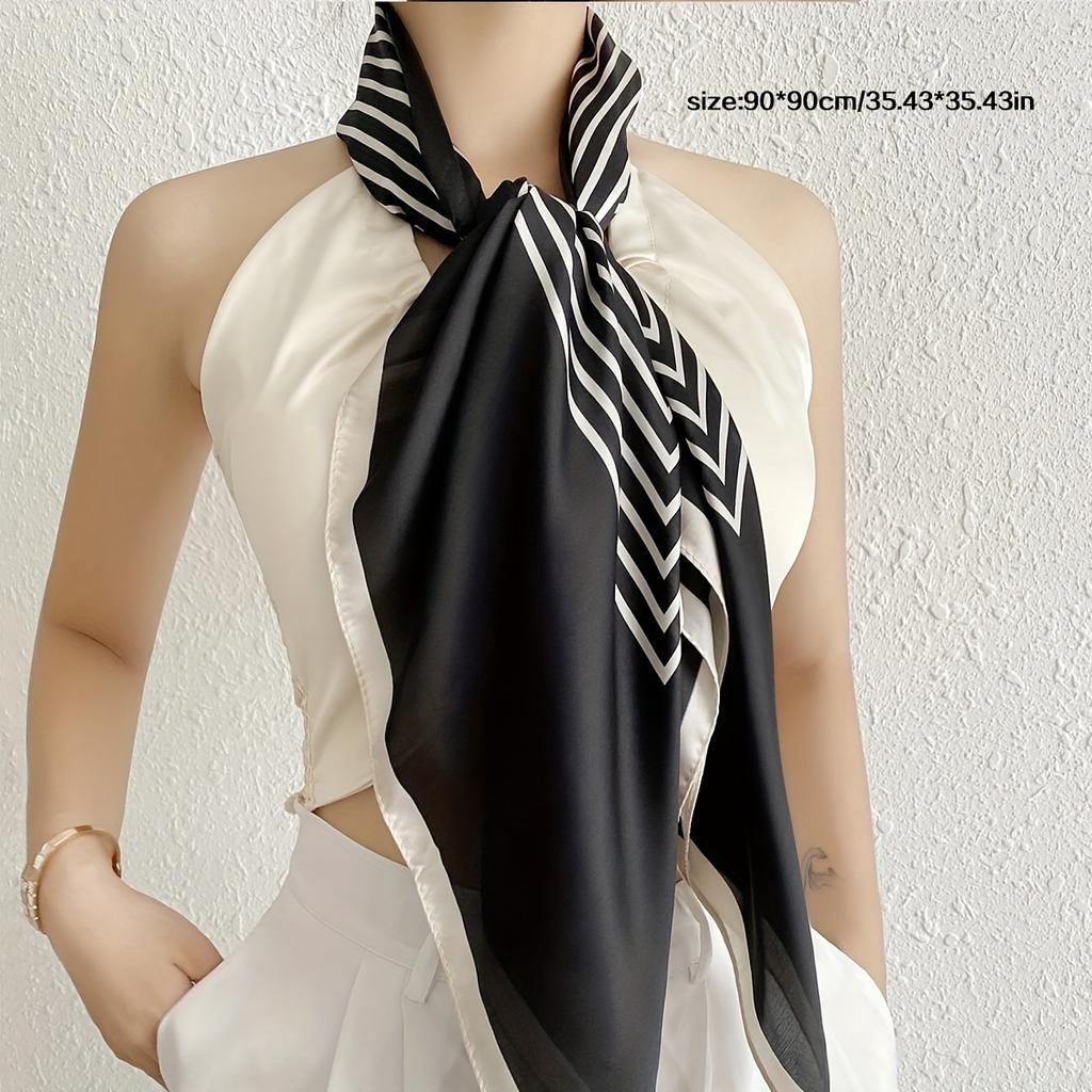 35.43" Black/White Striped Square Scarf, Elegant Simulated Silk Thin Shawl, Casual Sunscreen Windproof Head Wrap For Women